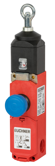 Rope pull switch with pull-to-reset button for emergency stop device, clamping head, plug connector M12