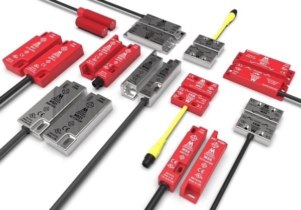 Mechan Magnasafe safety switches, with stainless steel and red plastic varieties.