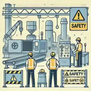 DALL·E 2025 01 07 13.48.12 A simple illustration of workplace safety in a machinery industry setting. The scene includes workers in high visibility clothing and hard hats operat