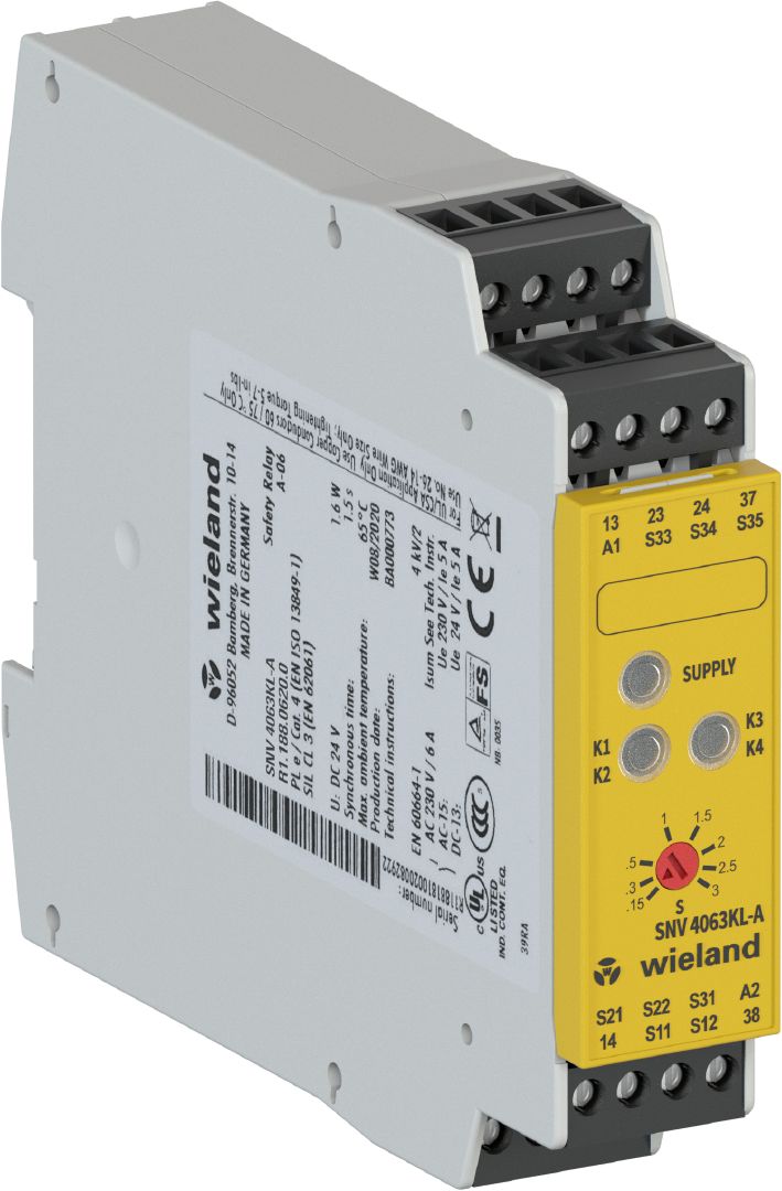 Wieland SNV 4063KL-A | 2NO safety relay with 1NO 0.15-150s off-delayed output - R1.188.4100.0