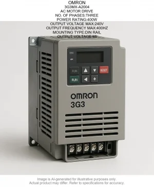 OMRON; 3G3MX-A2004; AC MOTOR DRIVE; NO. OF PHASES:THREE; POWER RATING:400W; OUTPUT VOLTAGE MAX:240V; OUTPUT FREQUENCY MAX:400HZ; MOUNTING TYPE:DIN RAIL; OUTPUT VOLTAGE MI