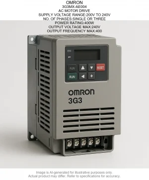OMRON; 3G3MX-AE004; AC MOTOR DRIVE; SUPPLY VOLTAGE RANGE:200V TO 240V; NO. OF PHASES:SINGLE OR THREE; POWER RATING:400W; OUTPUT VOLTAGE MAX:240V; OUTPUT FREQUENCY MAX:400