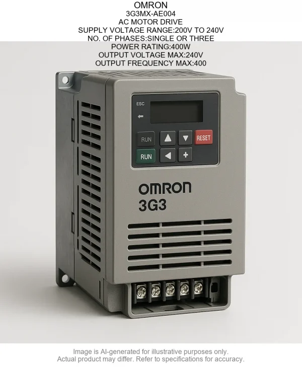 OMRON; 3G3MX-AE004; AC MOTOR DRIVE; SUPPLY VOLTAGE RANGE:200V TO 240V; NO. OF PHASES:SINGLE OR THREE; POWER RATING:400W; OUTPUT VOLTAGE MAX:240V; OUTPUT FREQUENCY MAX:400